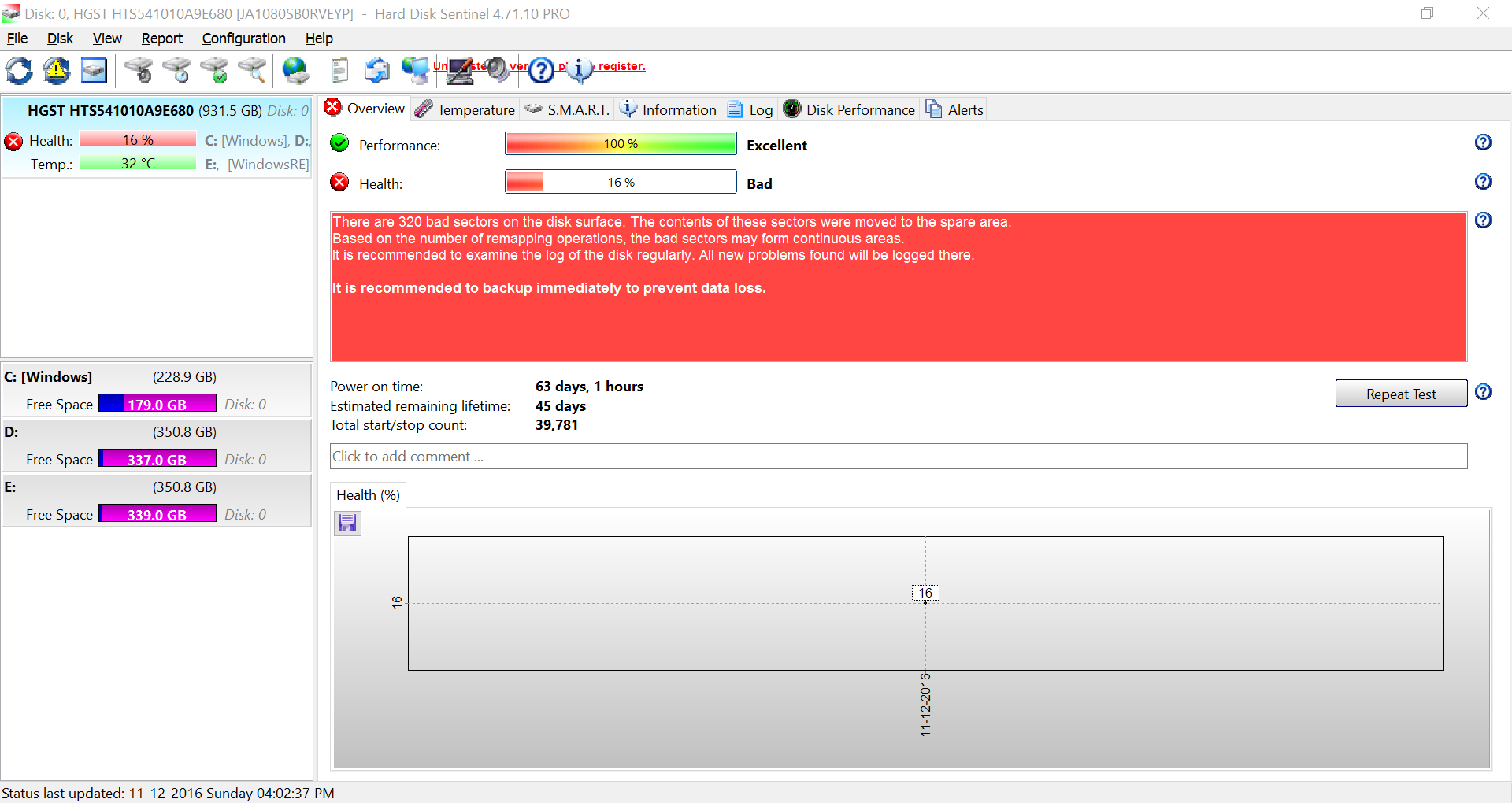 Hard Disk Sentinel overview with health warnings and disk surface alert messaging